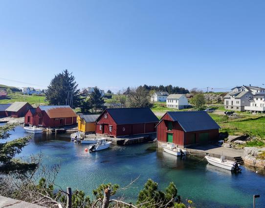 A photograph of three red boathouses in front of a blue and turquoise sound. Green grass and farm buildings in the background.