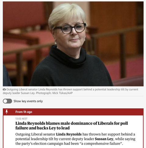 Guardian: Linda Reynolds blames male dominance of Liberals for poll failure and backs Ley to lead
Outgoing Liberal senator Linda Reynolds has thrown her support behind a potential leadership tilt by current deputy leader Sussan Ley, while saying the party’s election campaign had been “a comprehensive failure”.