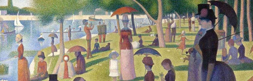 Bild von Georges Seurat (Un dimanche après-midi à l’Île de la Grande Jatte) zeigt im pointillistischen Stil Menschen am Wasser