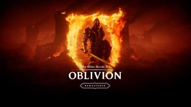 The Elder Scrolls 4: Oblivion Titel Bildschirm, mit dem Logo von Oblivion, einem Krieger in schwerer Rüstung, einem Schwert und einem Schild. Hinter ihm sieht man ein Oblivion Portal.
