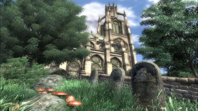 Screenshot aus dem originalen Game, aus dem Jahr 2006. Grabsteine sind zu sehen, Pilze, viel Wiese, Bäume, ein bewölkter Himmel und ein großes Gebäude.