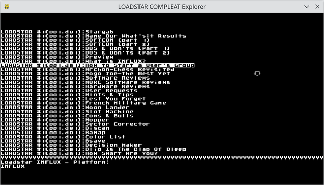 A menu of contents, showing various things from the first issue of Loadstar.