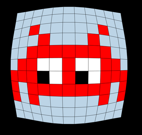 Invader contruit sur une grille de points déformée par homothétie.