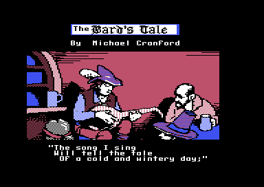 Title screen of the Commodore 64 game "The bard's tale" depicting a bard in a pub, playing his mandolin and singing his song: 'The song I sing will tell the tale of a cold wintery day;"
