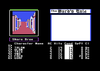 Title screen of the Commodore 64 game "The bard's tale" showing the in-game view: the upper left side of the screen shows a 3d view of the city street, right to it is the text window for messages and below these tow in the lower half are the characters and their stats listed
