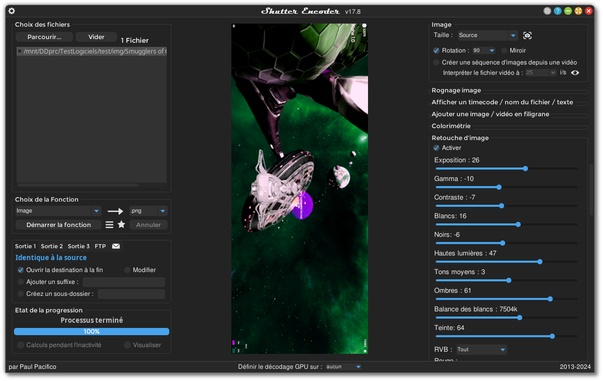 🕶️ A view of its UI (on a dark theme) in version 16.2. On the top left a clear area displaying the files to be converted, underneath the destination file format, and a "Start Function" button, underneath a "Progress Status" area. On the right side of the UI, other possible treatments to be applied, with "Image", "Edit", "Colorimetry" and "Filter" areas.

📚️ Shutter Encoder is a libre, multi-platform, multi-function tool for processing videos, images and sounds (via the FFmpeg library). Thanks to FFmpeg it can perform all kinds of operations on groups of files such as image processing (cut, apply filters, crop, add subtitles, logos, watermarks, cut detection to produce sequences, format conversion, ...) or sound (format conversion, audio normalization, ...), download & upload web content, or rename files. The Swiss Army knife of file processing.