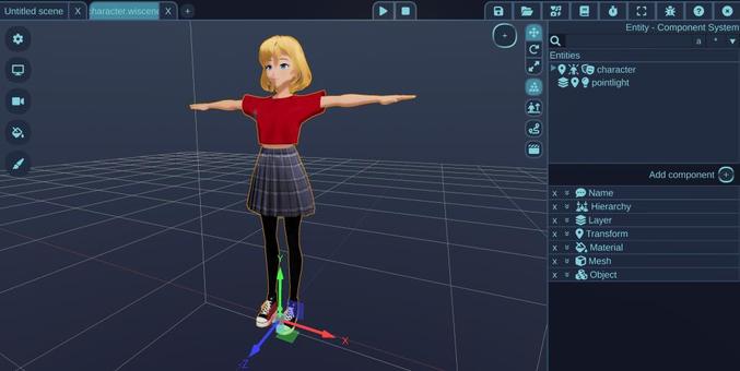 🕶️ A view of the 3D editor (in v.0.71.473) on a midnight-blue theme, with an isometric grid representing a plane on which a young girl is depicted, arms stretched horizontally, at the top of the screen the main menu in the form of icons, on the right, the “Entity” tab is selected (among several tabs) containing several icons, on the left various icons to launch actions/menus.

📚️ Wicked Engine is a libre, multi-platform (Windows, Linux, UWP, Xbox, Playstation 5), code-driven 3D game engine with modern graphics. It is intended for use as a C++ framework for graphics projects. It features quick and easy Lua scripting, or can be used via C++. It also provides a stand-alone 3D editor.
