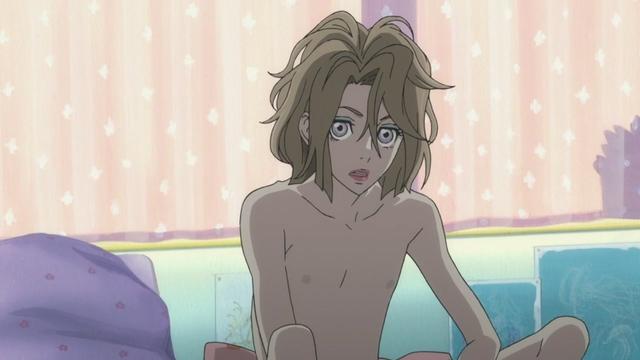 A screencap of Kuranosuke Koibuchi from an episode of Princess Jellyfish/Kuragehime with his drag off. (except for his makeup)