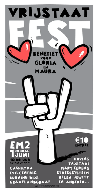Poster voor een benefiet voor asielzoekerd Gloria en Maura op 1 juni in EM2 Groningen