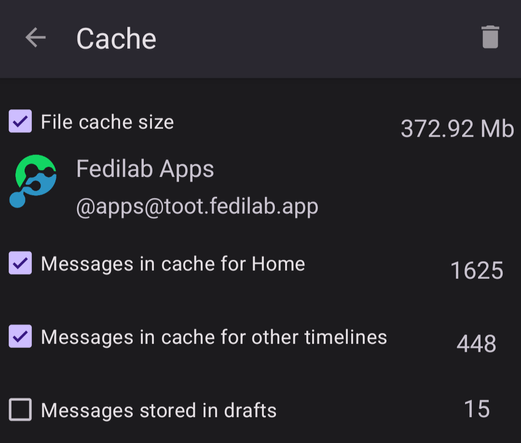 From the main menu by tapping "Cache", you can clean data per account.