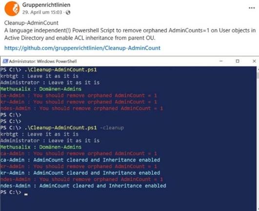 Orphaned admin accounts are a hidden AD risk! Instantly find & fix them with the Cleanup-AdminCount PowerShell script-restore security, enable ACL inheritance, and automate compliance. See how it works👇 #ActiveDirectory #PowerShell #CyberSecurity