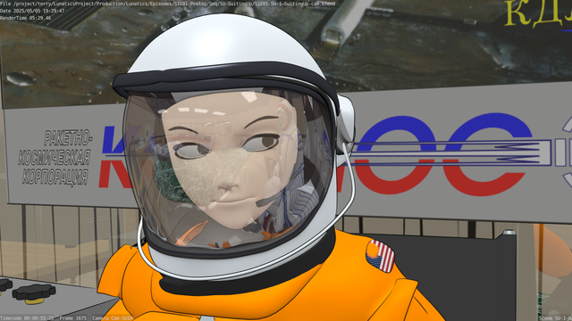 Georgiana in spacesuit, reaction shot.