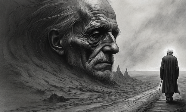 Das Bild zeigt eine düstere, surreal wirkende Landschaft in Grautönen. Links ist ein riesiges, melancholisches Gesicht eines alten Mannes in die Landschaft eingebettet – als wäre es Teil des Bodens oder aus der Erde geformt. Die Haut ist faltig, der Blick ernst und nachdenklich, fast schon resigniert. Es wirkt, als ob der Mann mit der Landschaft verwächst – als Symbol für Vergänglichkeit, Erinnerung oder Einsamkeit.

Rechts im Bild geht ein alter Mann mit Gehstock auf einem schmalen, gewundenen Pfad in die Ferne. Er hat dem Betrachter den Rücken zugewandt, und sein Weg führt in eine karge, nebelverhangene Ebene. Der Himmel ist bedeckt, düster und wirkt fast bedrohlich.

Das Bild vermittelt starke Gefühle von Alter, Vergänglichkeit, innerer Leere und der Reise ans Ende eines Lebens oder in die Erinnerung.