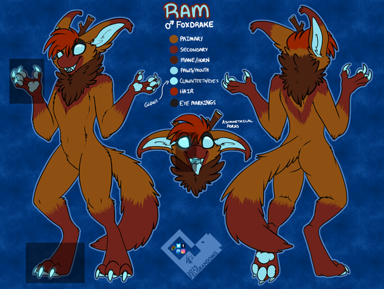 Digital art of a foxdrake character made for an art reference. Shows front and back of the character, along with pointing out the glow of his claws, eyes, and teeth.