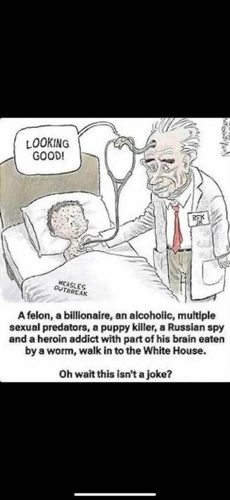 Editorial cartoon

DRAWING: A child in bed with the measles, being examined by a cross-eyed vacant-looking doctor with a worm coming out of his forehead. The worm is listening to the boy's chest through a stethoscope and says "Looking good!". The doctor has a name tag which reads RFK Jr.

CAPTION: A felon, a billionaire, an alcoholic, multiple sex predators, a puppy killer, a Russian spy, and a heroin addict with part of his brain eaten by a worm, walk in to the White House.... Oh, wait this isn't a joke?