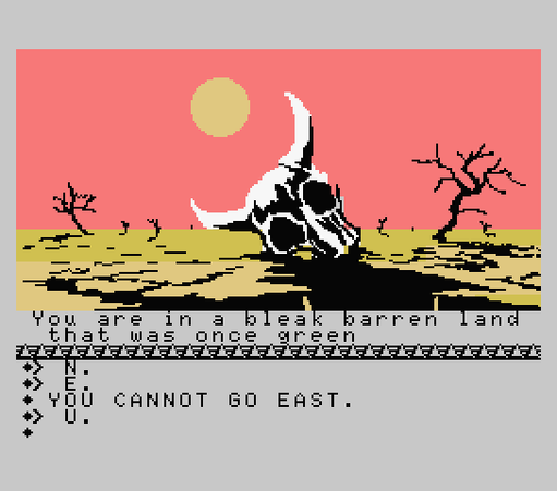 MSX screenshot, skull in a "bleak barren land that was once green"
