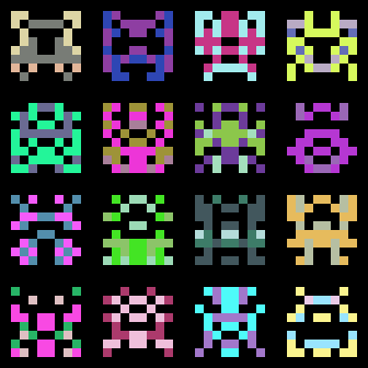 a 4x4 grid of multicolored 8x8 pixel aliens a la space invaders