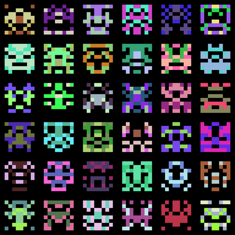 a 6x6 grid of multicolored 8x8 pixel aliens a la space invaders