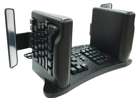 SafeType keyboard with rearview mirrors to show split keyboard halves positioned vertically so you can’t see the keys without the mirrors.