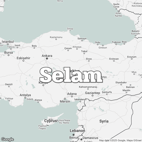 Map of Turkey overlaid with a translation of the word "hello": Selam.