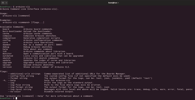 screenshot: The arduino-cli command supports several subcommands for Arduino software development.