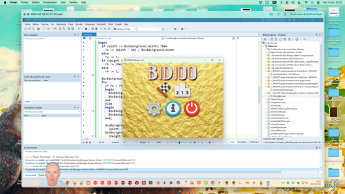 Screen capture during my coding stream of the new home scene for my video game Bidioo v2.0. Delphi IDE is open in background. I'm on the bottom left corner.