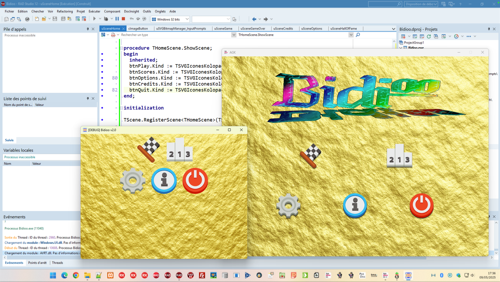 Screen capture during my coding stream of the v1.1 and the work in progress v2.0 home scene of my video game Bidioo. Delphi IDE is open in background.