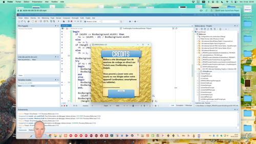 Screen capture during my coding stream of the credits scene in a graphical dialog box for the game Bidioo v2.0. Delphi IDE is open in background. I'm on the bottom left corner.