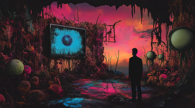Le Jardin de l’Observateur
Un homme fait face à un œil bleu géant projeté dans un monde organique et étrange, baigné de couleurs intenses et d’un ciel de crépuscule irréel.
A man faces a giant blue eye projected in a strange organic world, bathed in vivid colors and an unreal twilight sky.