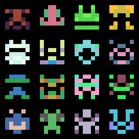 a 4x4 grid of multicolored 6x6 pixel aliens a la space invaders
