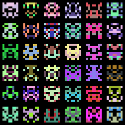 a 6x6 grid of multicolored 8x8 pixel aliens a la space invaders