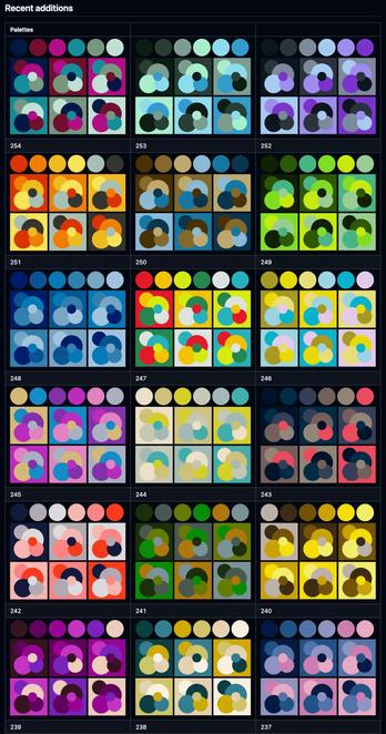 Excerpt from the package readme, showing a table of 18 newly added color themes, each consisting of 6 colors and visualized as 6 swatches.