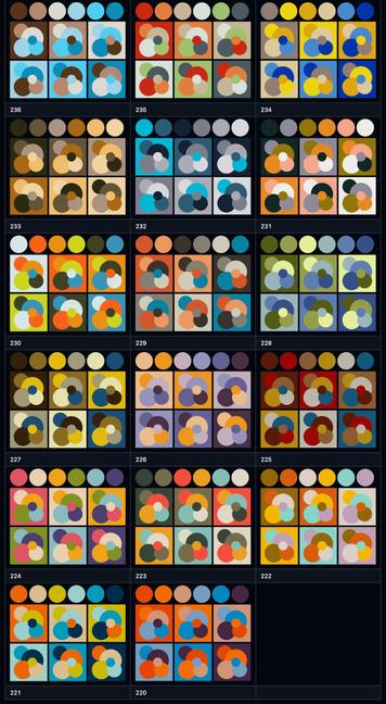 Excerpt from the package readme, showing a table of 17 newly added color themes, each consisting of 6 colors and visualized as 6 swatches.