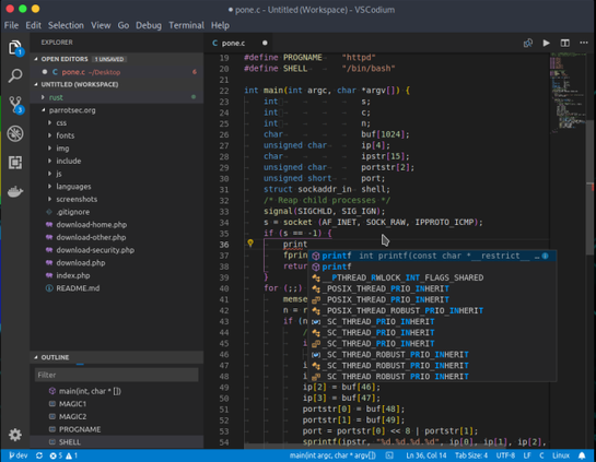 🕶️ A view of its user interface in a dark theme, with code editing on the right showing syntax highlighting, suggestions when entering code and code structuring in nested levels, the current project tree on the left, and the editor menus at the top and far left.

📚️ VSCodium is a telemetry-free fork (VSCodium=publishing Visual Studio Code binaries with "almost" no telemetry) of Visual Studio Code, the Microsoft libre, multi-platform code editor, combining the simplicity of a code editor with what developers need for their edit, build and debug cycle, and leaving more complex workflows to more comprehensive IDEs, such as Visual Studio IDE. It offers full support for editing, browsing and understanding code, as well as lightweight debugging, a rich extensibility model and lightweight integration with existing tools.