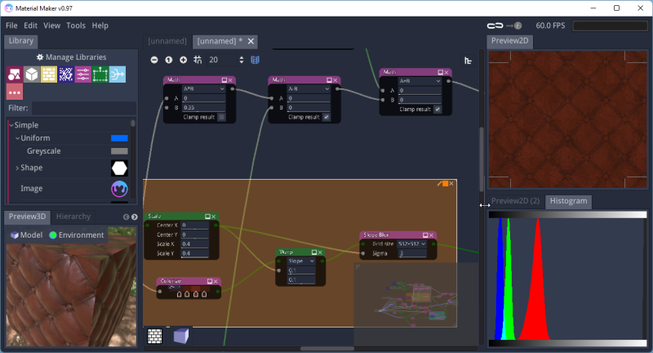 🕶️ A view of the UI, with the main part in the center showing the various effects boxes with their parameters and the links that connect them to produce the desired effect. On the left, a library tab and an image of the selected starting model, and on the right, a preview of the texture created.

📚️ Material Maker is a libre, multi-platform tool for creating procedural PBR (Physically Based Rendering) materials (allows you to add relief/fine texture to a basic model via texture "painting"), based on the Godot engine. Materials are defined as graphics where nodes create or transform textures, and can then be exported to Godot, Unity or Unreal engines. It can also be used to create several types of materials, and new custom material types, as well as new export targets for existing materials, can be added if needed.