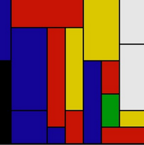 A mondrian-like tableau of rectangles in the colours blue, red, yellow, green, whit and black.