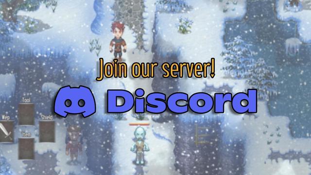 A graphic calling people to join our server, with the Discord logo and font under it. The background is a game screenshot of a snowy landscape. On it are the protagonist, an NPC, and a zombie enemy with a health bar above them. The quick-select item menu is on the bottom left.
