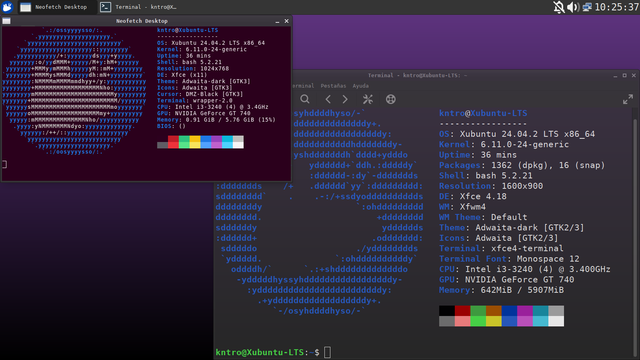 Captura de pantalla del escritorio del sistema operativo Xubuntu, con dos aplicaciones abiertas: Neofetch Desktop y el Neofetch clásico, en donde el primero muestra información incorrecta sobre el sistema.