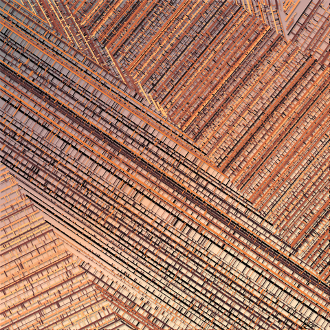The canvas is broken into areas along straight lines. In each region are irregular striations of various thicknesses and colours, connected by finer perpendicular striations, also of various thicknesses and colours. Each region has a slightly different colour palette and granularity. The colouring is shades of rusty browns and tans. The overall vibe is a little like old pine wood.