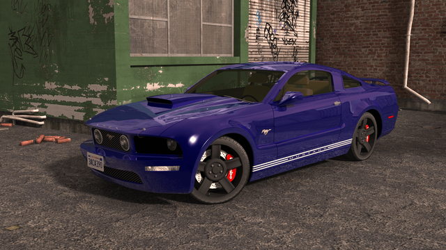 Rendered image of a blue Ford Mustang