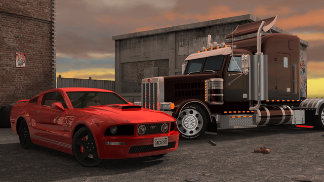 Rendered image of a red Ford Mustang and a Semi