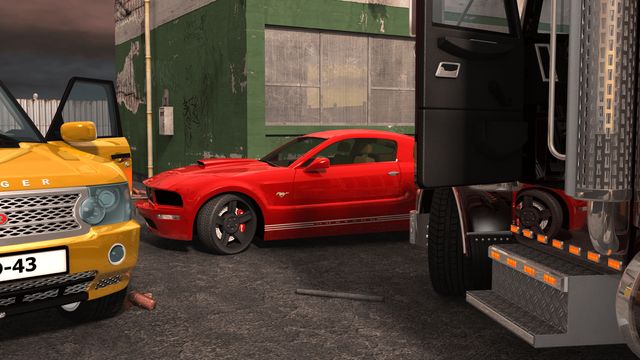 Rendered image of a yellow Range Rover, Red Mustang, and a Semi