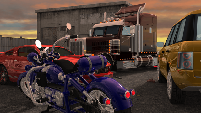 Rendered image of a Range Rover, Mustang, Semi, and motorcycle
