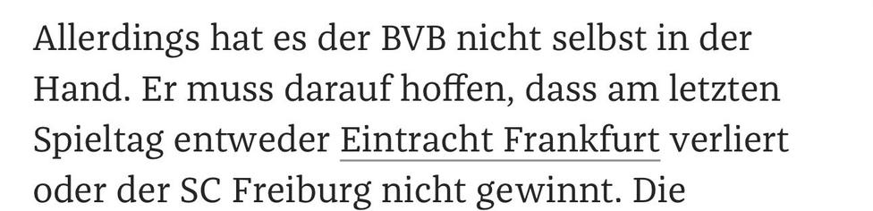 Text in German discussing the situation of BVB (Borussia Dortmund) and their need for either Eintracht Frankfurt to lose or SC Freiburg not to win on the last match day.