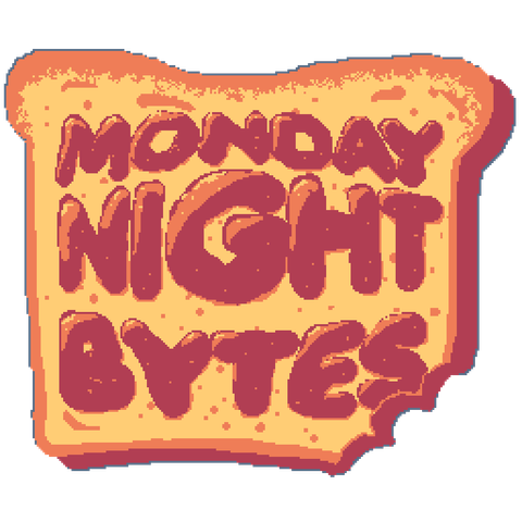 Monday Night Bytes text as jam on a slice of toast with a bite taken out of the lower left corner.