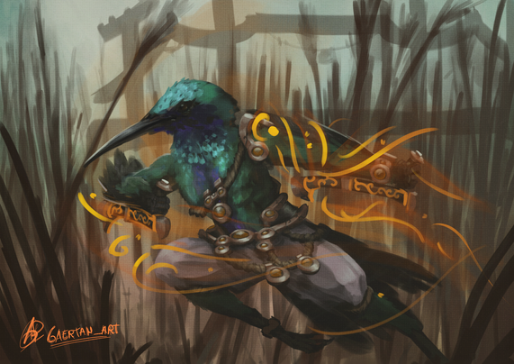 digital illustration of an anthropomorphic hummingbird wearing eastern monk-like clothing, charging sideways towards a field with glowy orange effects swirling around their arms.