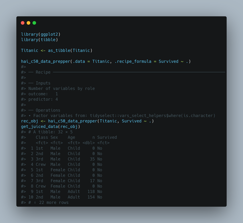 library(ggplot2)
library(tibble)

Titanic <- as_tibble(Titanic)

hai_c50_data_prepper(.data = Titanic, .recipe_formula = Survived ~ .)
#> 
#> ── Recipe ──────────────────────────────────────────────────────────────────────
#> 
#> ── Inputs 
#> Number of variables by role
#> outcome:   1
#> predictor: 4
#> 
#> ── Operations 
#> • Factor variables from: tidyselect::vars_select_helpers$where(is.character)
rec_obj <- hai_c50_data_prepper(Titanic, Survived ~ .)
get_juiced_data(rec_obj)
#> # A tibble: 32 × 5
#>    Class Sex    Age       n Survived
#>    <fct> <fct>  <fct> <dbl> <fct>   
#>  1 1st   Male   Child     0 No      
#>  2 2nd   Male   Child     0 No      
#>  3 3rd   Male   Child    35 No      
#>  4 Crew  Male   Child     0 No      
#>  5 1st   Female Child     0 No      
#>  6 2nd   Female Child     0 No      
#>  7 3rd   Female Child    17 No      
#>  8 Crew  Female Child     0 No      
#>  9 1st   Male   Adult   118 No      
#> 10 2nd   Male   Adult   154 No      
#> # ℹ 22 more rows