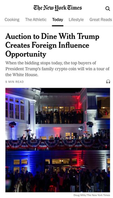 An article from The New York Times announces an auction for a dinner with former President Trump, highlighting its implications for foreign influence. The accompanying image shows a well-lit event space decorated with red, white, and blue elements, featuring a crowd gathered outdoors,