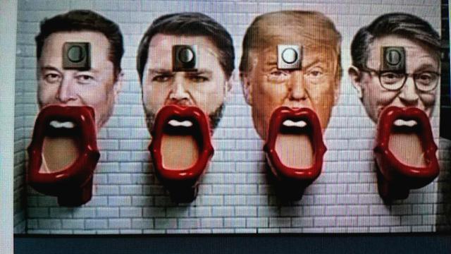 A photo of a bathroom with four urinals shaped like huge mouths with red lips. Each has a picture of Trump, Vance, Musk and Johnson to piss at.