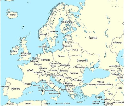 Map of Europe with cou named in Māori